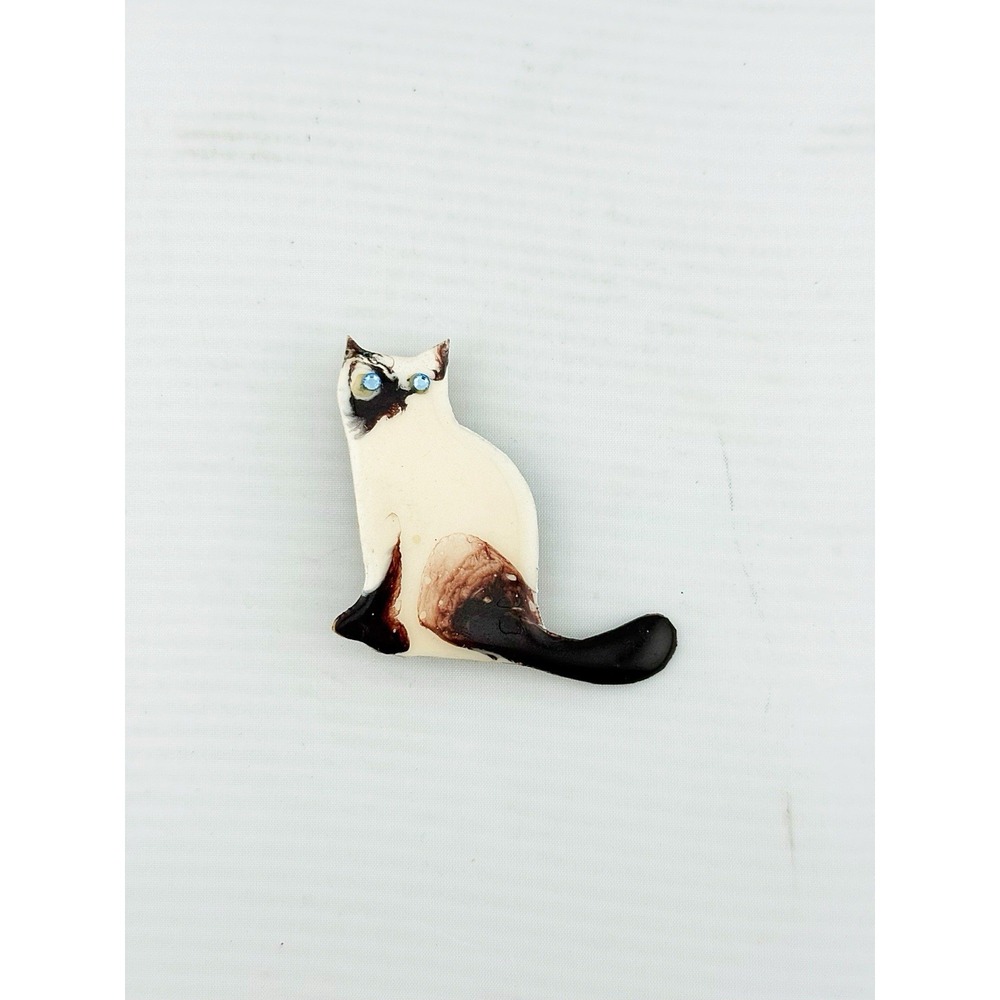 Vintage 1970's Siamese Cat Brooch With Rhinestone Eyes 2" Tall